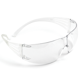 A pair of clear safety glasses with two side shields.