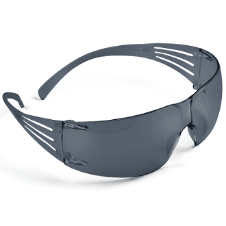 A pair of safety glasses with grey lenses.