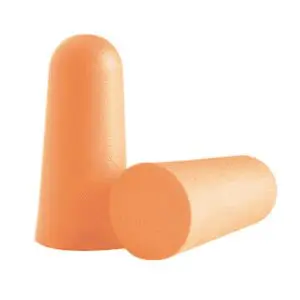 A pair of orange foam ear plugs next to each other.