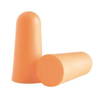 A pair of orange foam ear plugs next to each other.