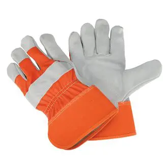 A pair of orange work gloves with white leather on them.