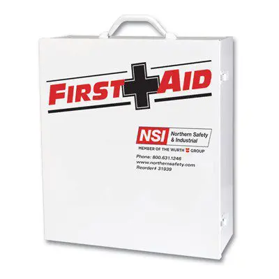 A first aid kit with the words " first aid nsi " on it.