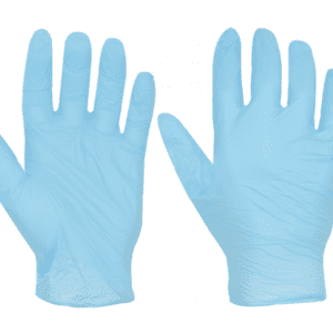 A pair of blue gloves with the hands up.