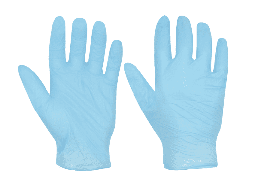 A pair of blue gloves with the hands up.