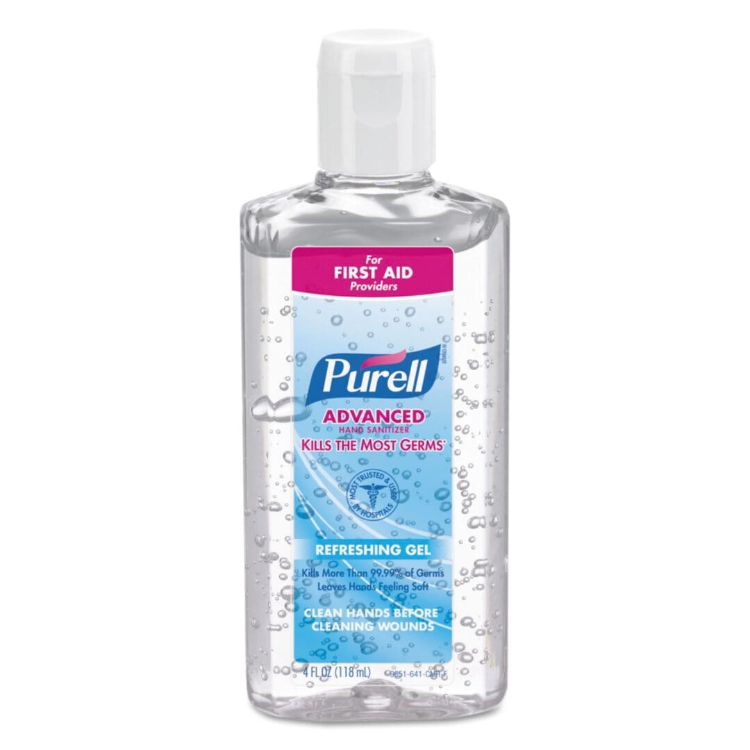 A bottle of hand sanitizer is shown.
