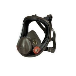 A gas mask with red lights on it.