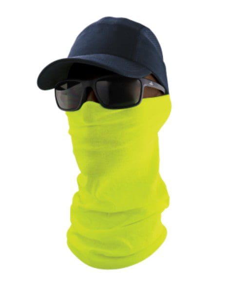 A yellow neck gaiter with sunglasses on top of it.