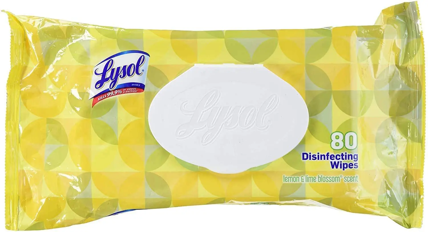 A package of lysol wipes on top of a yellow background.