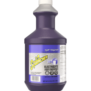 A bottle of purple liquid on top of green background.
