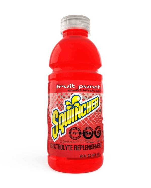 A bottle of fruit punch flavored drink.