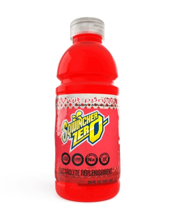 A bottle of red drink with the name " thunder zero ".