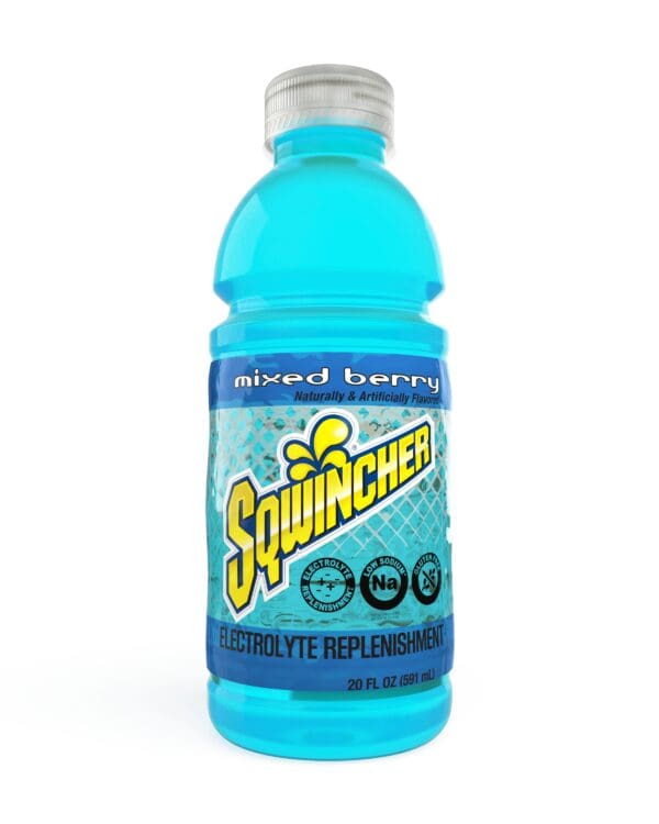 A bottle of blue liquid with the word " squincher " on it.
