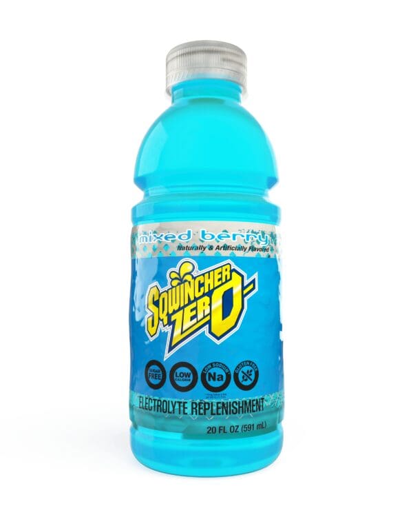 A bottle of blue gatorade with the number 1 0 on it.
