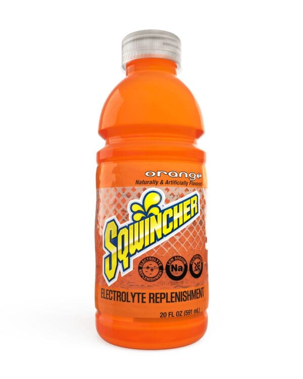 A bottle of orange juice with the word " squincher " written on it.