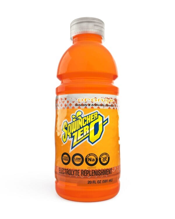 A bottle of orange juice on a white background.