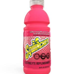 A bottle of pink liquid with the word " squincher " written on it.