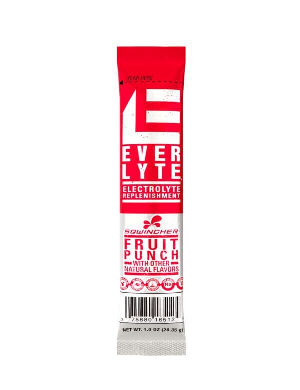 A red and white label of everlyte fruit punch