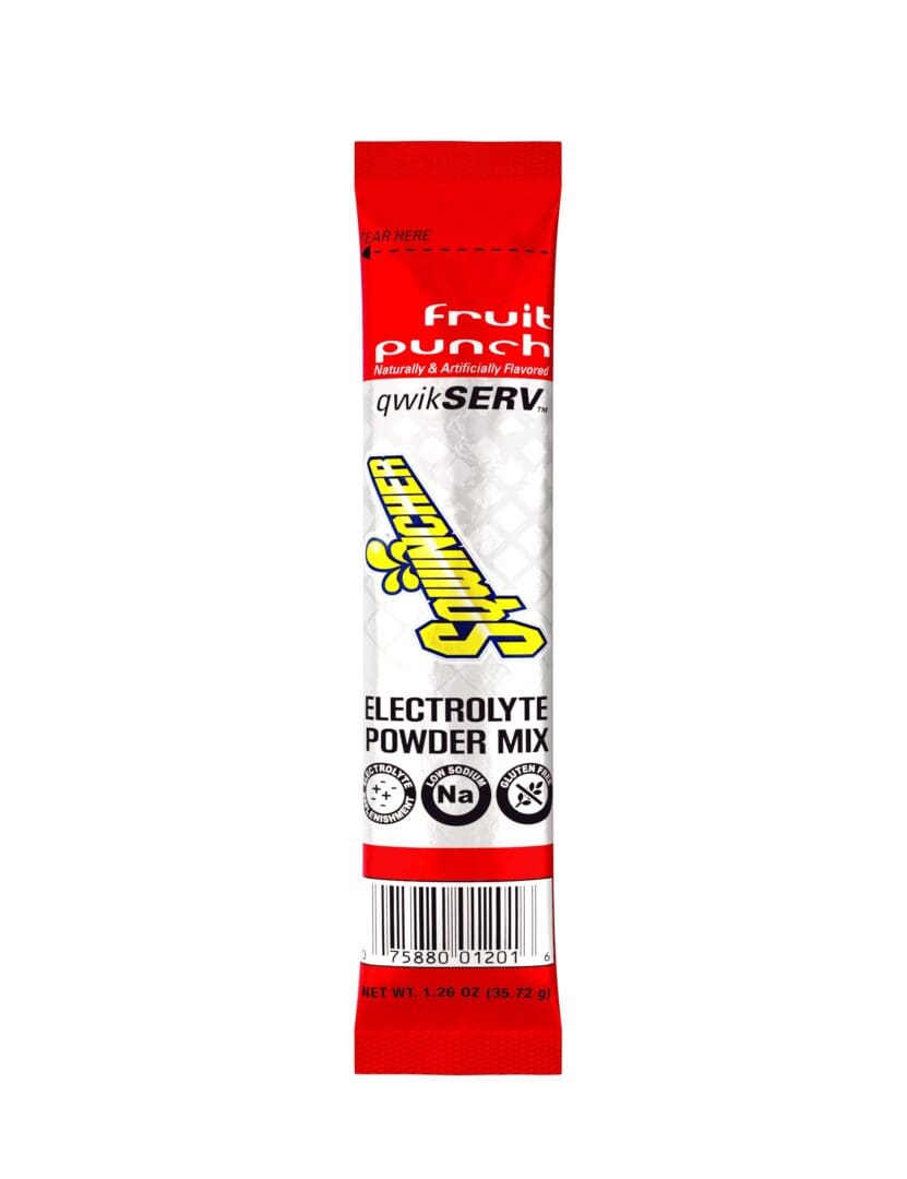 A red and white package of fruit punch electrolyte powder mix.
