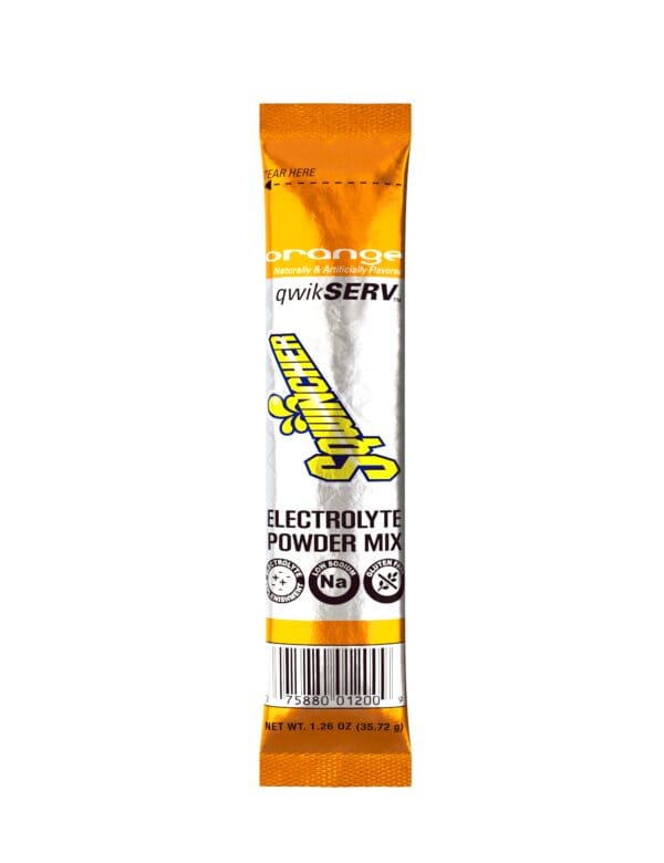 A yellow and white package of electrolyte powder mix.