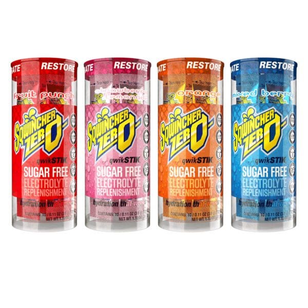 A group of four cans of sugar free energy drinks.